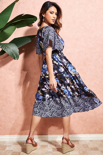 Flutter Sleeve Printed Midi Dress Goddiva